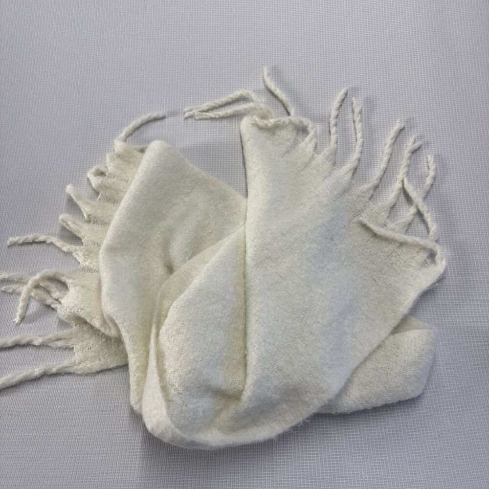 Wide Off-White Fuzzy Scarf / Shawl with Fringe - 17"x62"